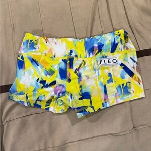 Fleo Women's Abstract Blue and Yellow Athletic Shorts
